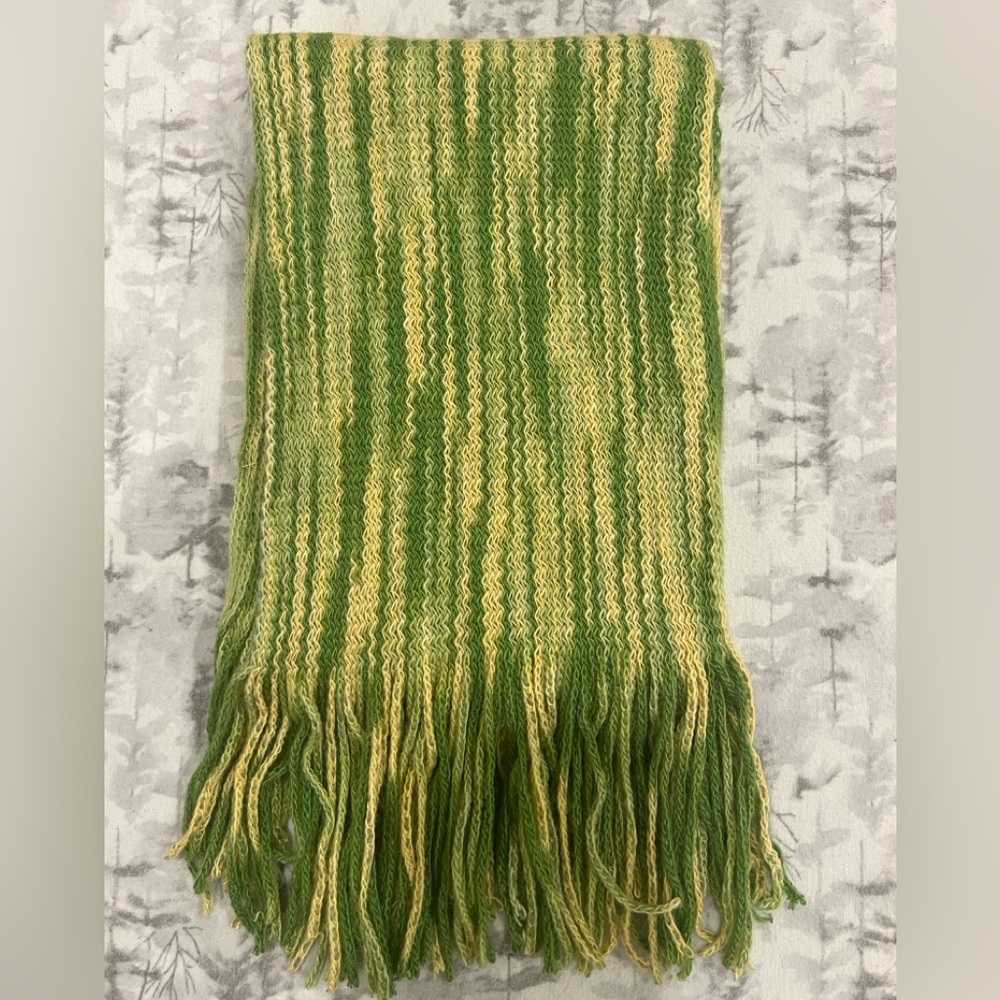 Green and Yellow Alpaca Knit Scarf with Fringe - Made in Peru